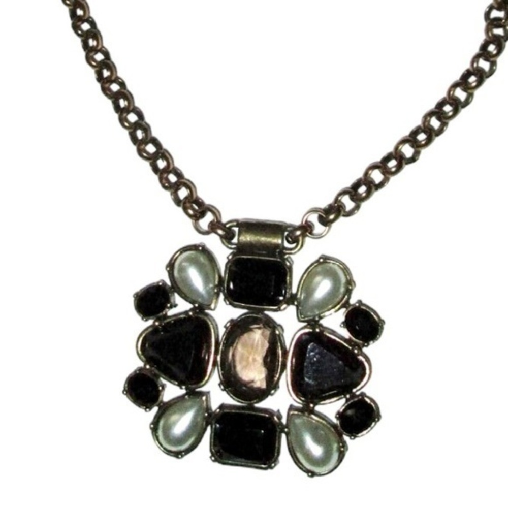 Chicos brass chain necklace adjustable with faceted smoky topaz black and pearl